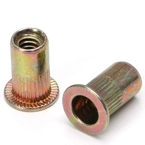 Two zinc-coated carbon steel SAE rivet nuts with knurled body and 1/4-20 threads.
