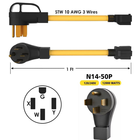 Heavy Duty Nema 14-50P To 6-20R Adapter With 4 Prong Male Plug 250 Volt 50 Amp To 20 Amp Converter For Generator Hookups with 1 ft cable.