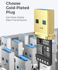 Gold-plated USB plug with stable data transmission and visible internal components against a background of multiple USB connectors.