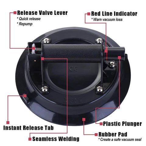 9 Inch Vacuum Concave Suction Cup Glass Lifter With Handle showing features like release valve, red line indicator, and rubber pad
