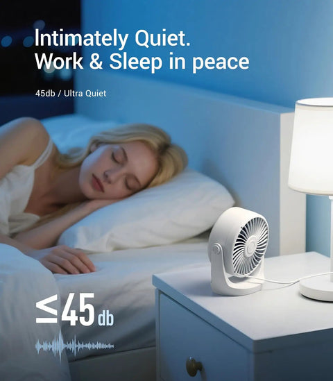Turbocharged USB Desk Fan With LED Display Ultra Quiet Mini Cooling Power on nightstand beside sleeping person