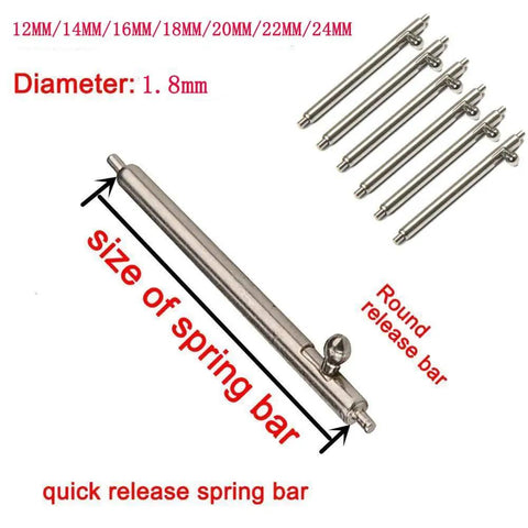 Heavy Duty Quick Release Spring Bars Kit With Watch Repair Tool For Stainless Steel Watch Straps Sizes 12mm To 24mm, showing various sizes of spring bars.