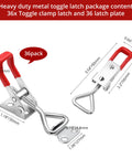 Close-up of Beefy 36 Piece Toggle Latch Clamps Set With Adjustable 330 Lb Holding Power Heavy Duty Metal Latches, red handle.