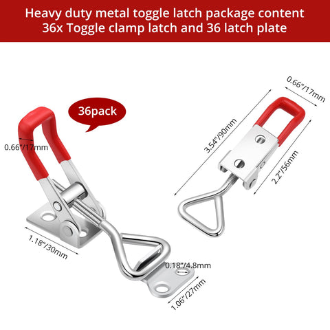 Close-up of Beefy 36 Piece Toggle Latch Clamps Set With Adjustable 330 Lb Holding Power Heavy Duty Metal Latches, red handle.
