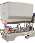 Built Like A Tank Horizontal Pneumatic Filling Machine With 80 Liter Heating Mixing Hopper And Stainless Steel Liquid Paste Filler Featuring 50 To 500 Milliliter Single Nozzle For 110V Production Lines side view showing stainless steel construction and heating hopper.