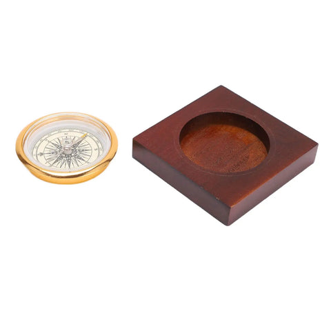 Go To Portable Alloy Compass With Wooden Box For Camping And Hiking Essentials, vintage aluminum compass with square wooden holder.