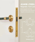 Lux Marble Look Brass Door Lock Set With Nordic Style Handles on white door seen from the side.