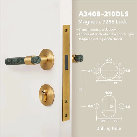 Lux Marble Look Brass Door Lock Set With Nordic Style Handles on white door seen from the side.