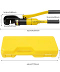 Heavy Duty 13 Ton Hydraulic Bolt Cutter with yellow toolbox, showing cutting head and handle dimensions.