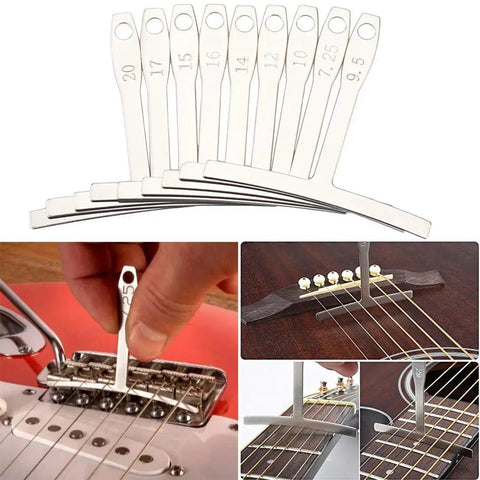 Guitar Repair Kit with pro-grade string action ruler gauge measuring tools and understring radius gauges in use.