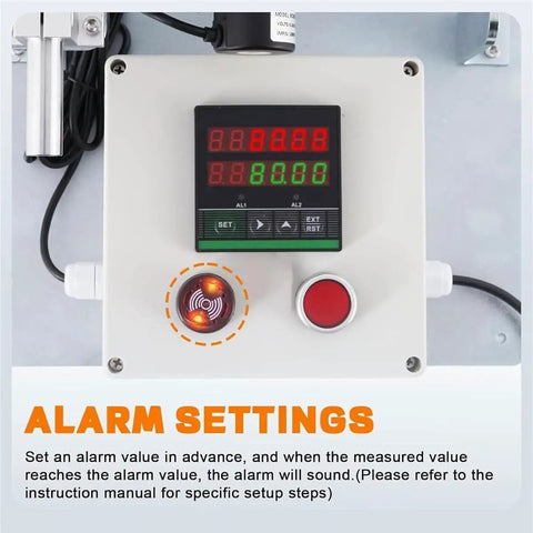 Pro Grade Dead On Accuracy Digital Measuring Wheel For Cable And Wire Length Portable Rolling Encoder With Beep Alert Wear Resistant Rubber Tire Effortless Tracking Tool showing alarm settings panel with display and buttons.
