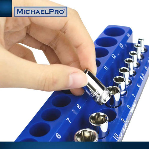 Hand placing socket in Magnetic Socket Organizer Tray Set For Metric Sockets Three Piece One Quarter Inch Drive Three Eighths Inch Drive And One Half Inch Drive High Capacity Holds Up To Seventy Five Sockets Keeps Your Toolbox Ready And Cabinets Sorted