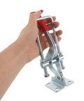 Premium Heavy Duty Toggle Latch Clamps Set Of 2 With Stupendous 2183 Lb Hold Power, galvanized iron lock held in hand.