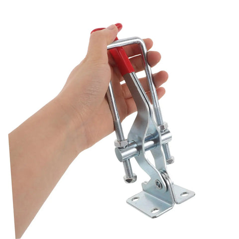 Premium Heavy Duty Toggle Latch Clamps Set Of 2 With Stupendous 2183 Lb Hold Power, galvanized iron lock held in hand.