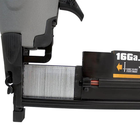 Straight Shooting Pneumatic 3 In 1 Nailer And Stapler Combining 16 Gauge Finish Nails With 18 Gauge Brad Staples For Cabinet Install Furniture Fix Crown Molding And Craft Tasks You Dig, showing the nail cartridge.