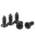 Heavy Duty M4 X 12mm Phillips Flat Head Self Tapping Wood Screws Black Carbon Steel With Rust Resistant Finish Slick Threading For Tough Weekend Builds 100 Pcs, close up view of screws.