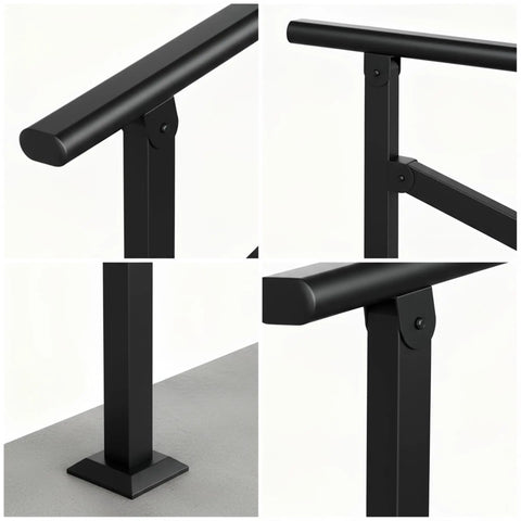 Heavy Duty Two Pack Galvanized Steel Handrails For Outdoor Steps Rust Resistant Black Round safety rails close-up on materials and design.