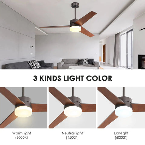 52 Inch Ceiling Fan With Lights And Remote For Indoor Use, Modern Walnut Finish, 3 Reversible Blades, LED Light Kit, 3 light colors
