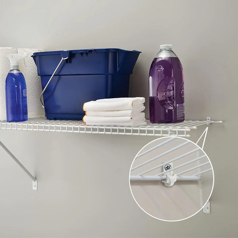 Essential White Down Wall Clips For Wire Shelving, Thirty Pack Plastic Brackets With Screws And Anchors, straight clip attached to wire shelf.