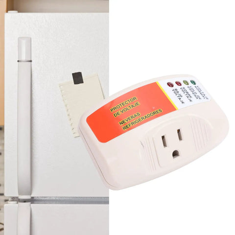 Rock Solid Voltage Surge Protector Plug Single Outlet with power indicator, placed near a refrigerator for surge protection.