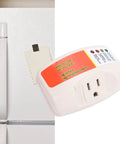 Top Shelf Single Outlet Surge Protector With No Sweat Voltage Defense For Heavy Duty Home Appliances Like Air Conditioners Freezers Ice Makers Washing Machines US Plug Smooth Delay Tech next to a refrigerator.
