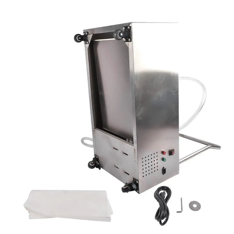 Heavy Duty 55 Liter Commercial Fryer Oil Filter Cart With Robust Stainless Steel Build, caster wheels, and hose attachments for easy mobility.