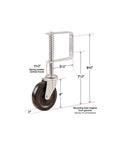 Side view of 4 Inch Spring Loaded Gate Caster With Heavy Duty Swivel Wheel And Universal Mount, black, with measurement details.