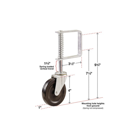 Side view of 4 Inch Spring Loaded Gate Caster With Heavy Duty Swivel Wheel And Universal Mount, black, with measurement details.
