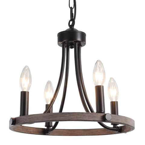 Black Farmhouse Chandelier With 4 Lights Round Wagon Wheel Pendant Fixture Delivering Rustic Industrial Vibe Adjustable Height Perfect For Dining Room Foyer Living Room And Entryway