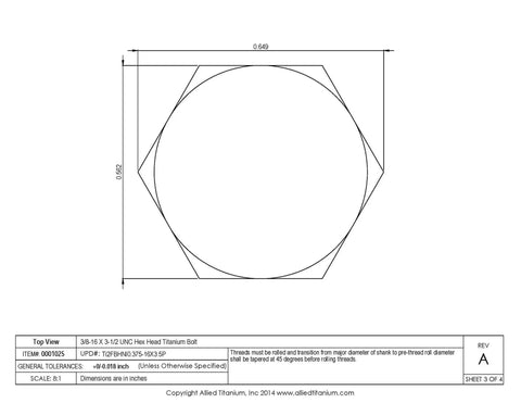 Top view diagram of Pack Of Three Grade 2 Titanium Hex Head Bolts 3/8 16 X 3 1/2 Inches Corrosion Resistant Fasteners.