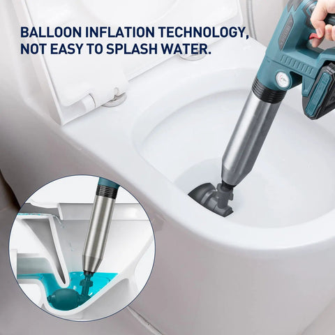 Electric Toilet Plunger Heavy Duty Portable Battery Powered 80 PSI Clog Buster with stainless steel cylinder in toilet