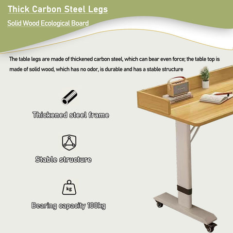 Straight Up Durable Height Adjustable Overbed Table With Easy Glide Locking Casters Mobile Laptop Desk For Bedroom Or Sofa Heavy Duty Wood Roll Around Study Space Built Tough with thick carbon steel legs.