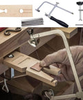 Adjustable Jeweler's Saw Frame Kit With 144 Blades Pro Grade 3 In 1 Jewelry Making Set featuring wooden pin clamp and bench pin