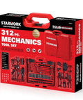 312 Piece Mechanics Tool Set With 120 Tooth Ratchet And 2 In 1 SAE Metric Wrench in red storage case