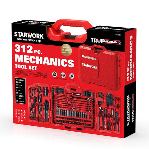 312 Piece Mechanics Tool Set With 120 Tooth Ratchet And 2 In 1 SAE Metric Wrench in red storage case