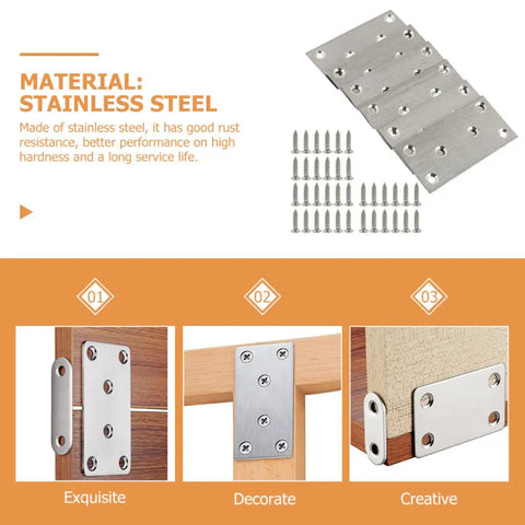 10 Pc Flat Corner Brace Plates For Furniture With Screws, Stainless Steel Mending Plates, corrosion resistant, easy install