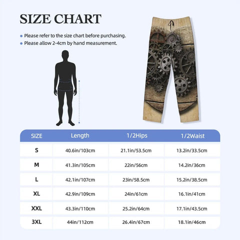 Stylish Steampunk Industrial Aged Human Heart Rusty Metal Gears Pajama Pants Medium size chart with measurements.