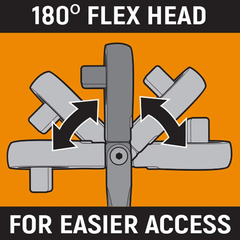 Illustration showing 180° flex head feature of 3/8 Inch Drive 90-Tooth Locking Flex Head Teardrop Ratchet, 13 Inch