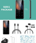 64GB Bluetooth MP3 Player With A19 2.4 Inch Curved Screen, packaging includes cables, earphones, manual, and design sheet