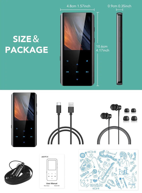 64GB Bluetooth MP3 Player With A19 2.4 Inch Curved Screen, packaging includes cables, earphones, manual, and design sheet