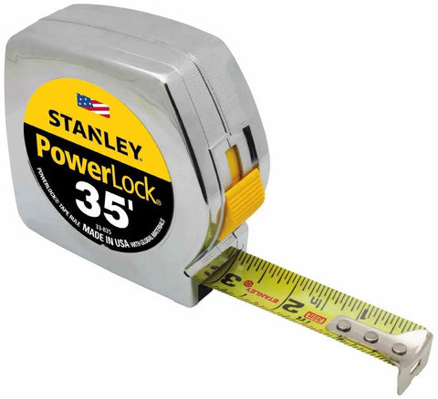 PowerLock Tape Measure 35 Foot With Locking Steel Blade For Quick Accurate Measurements In DIY Woodworking And Construction Black Finish Durable Case Includes Warranty, extended tape visible.