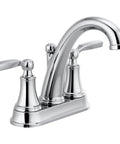 Woodhurst Centerset Chrome Two-Handle Bathroom Faucet For Modern Sinks With Push-Pop Drain Assembly No-Fuss Install Durable Metal Build Classic Button Cap Detailing Lifetime Limited Warranty
