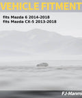 Vehicle movement in foggy landscape with Mazda fitment details for 6 2014-2018 and CX-5 2013-2018 shown