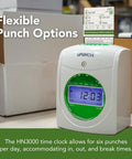 Small Business Starter Time Clock Bundle with Employee Punch Clock System Loaded with One Hundred Time Cards - HN3000 punch clock graphic with time display.