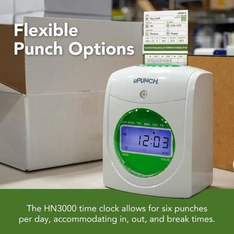 Small Business Starter Time Clock Bundle with Employee Punch Clock System Loaded with One Hundred Time Cards - HN3000 punch clock graphic with time display.
