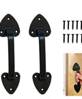 Heavy Duty Barn Door Handles 7.5 Inch Cast Iron Gate Pulls For Outdoor Gates Sheds And Sliding Barn Doors In Black Matte Finish Rust Resistant Powder Coated Built Tough 2 Pack With Mounting Screws, shown with installation view and screws included