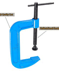 Beefy 4 Inch C Clamps Set, Malleable Iron G Clamps For Woodworking And Metalworking, blue clamp with smooth threaded rod visible.