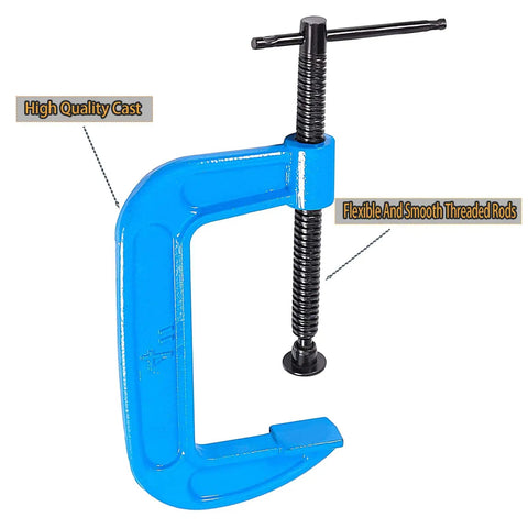 Beefy 4 Inch C Clamps Set, Malleable Iron G Clamps For Woodworking And Metalworking, blue clamp with smooth threaded rod visible.