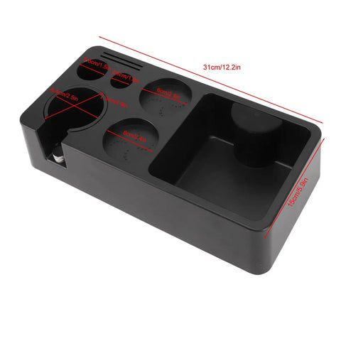 Matte Black Coffee Tamping Station With Knock Box Powder Organizer For Espresso Prep, compact design with multiple compartments.