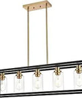 Black Rectangle 5 Light Chandelier For Dining Room And Kitchen Island with clear glass shades and brushed brass socket